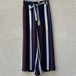 Wide Leg Striped Pants with Tie at Waist